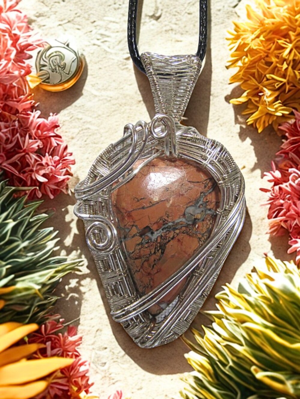 Handmade Wire Wrapped Maligano Jasper, Silver coated wire wrapped necklace - Picture 4 of 7